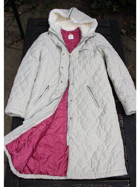Esprit Vintage 1980s Zip Front Parka with Faux Fur Hood, Bone + Pink, Sml